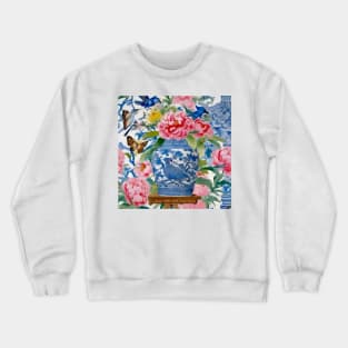 Chinoiserie vase, peonies, birds and butterflies watercolor painting Crewneck Sweatshirt